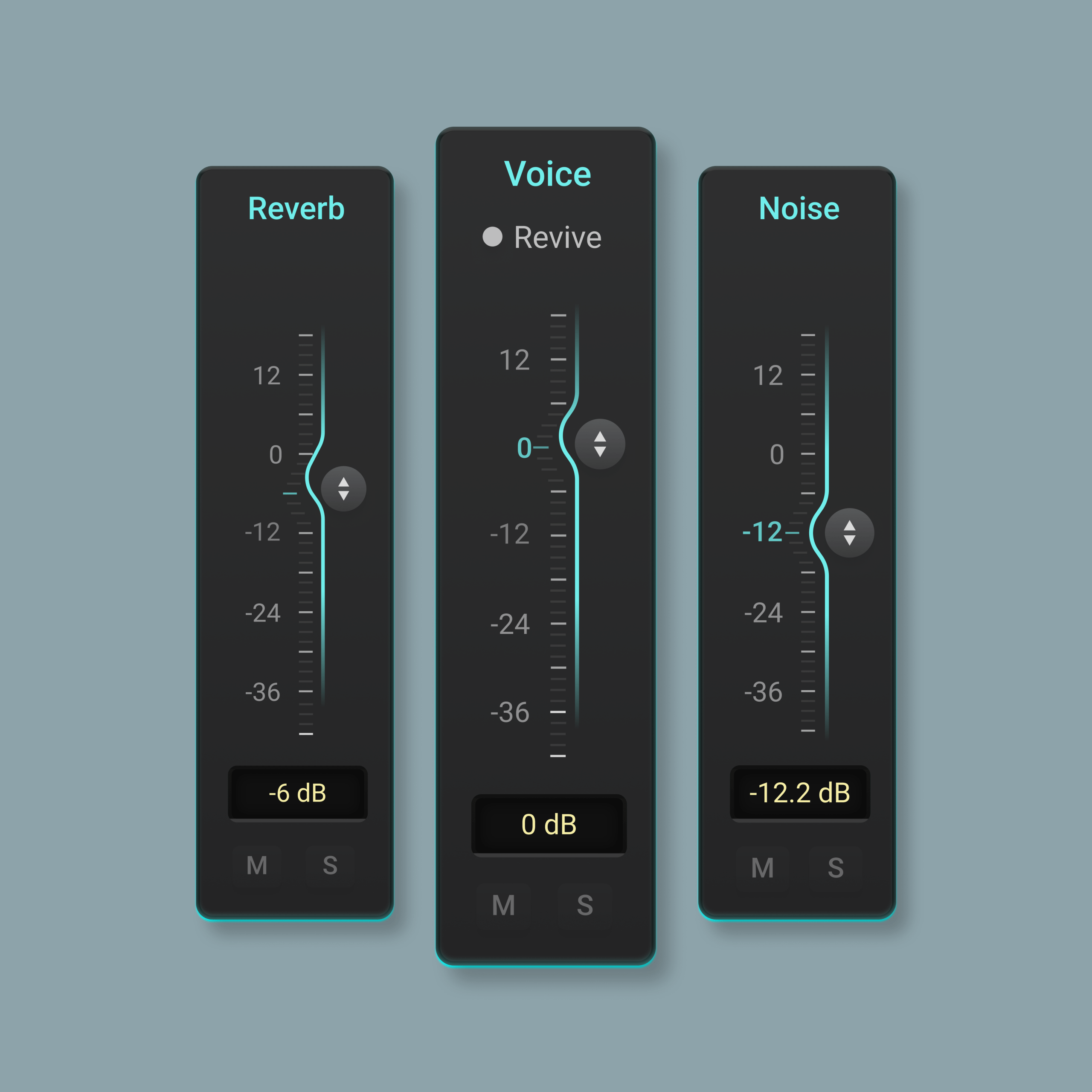 three faders from the Accentize dxSplit Plugin UI. Separate Voice Reverb and Noise with dxSplit
