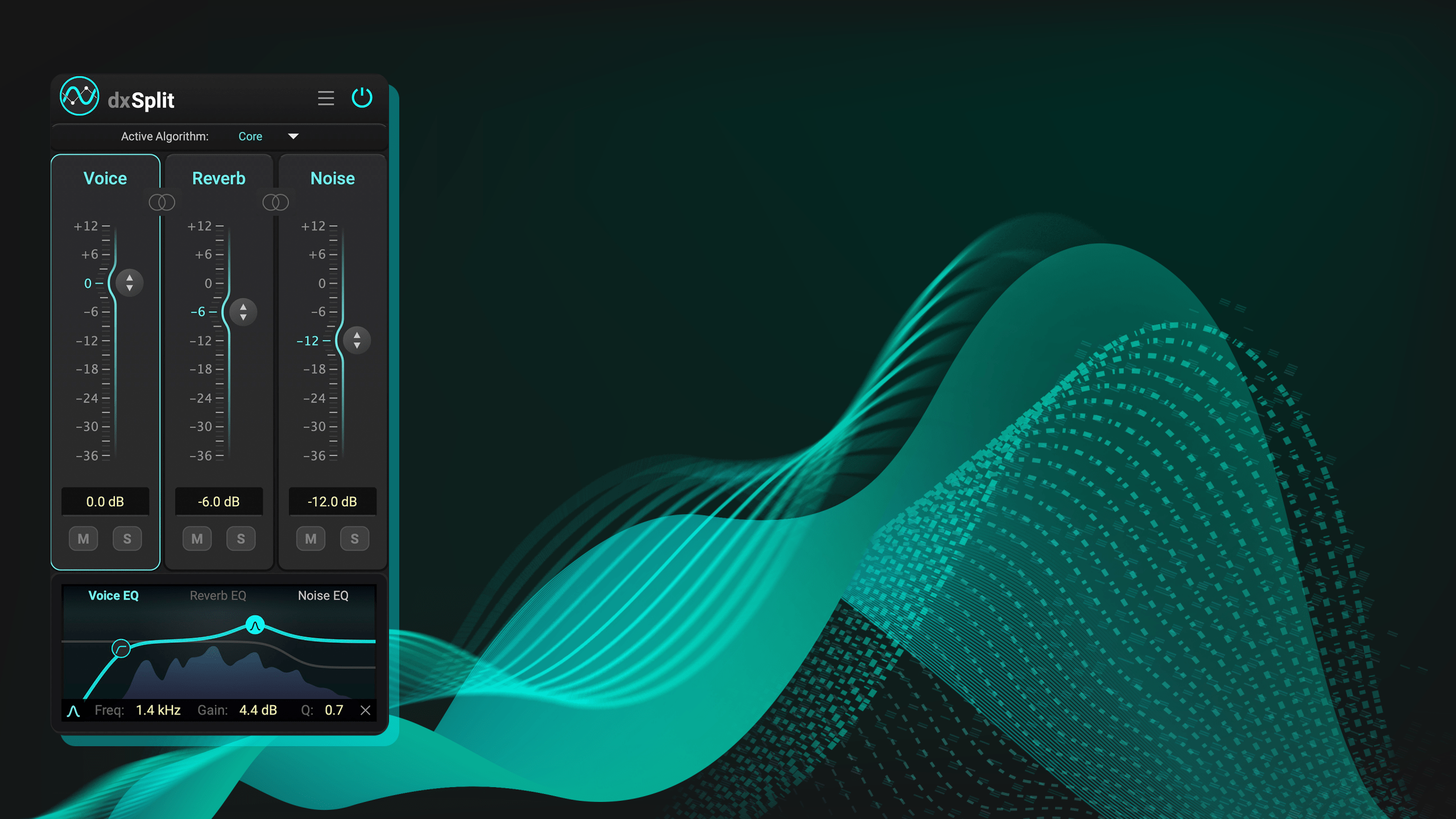 dxSplit User Interface & graphic sound waves. Separate Voice Reverb and Noise with dxSplit